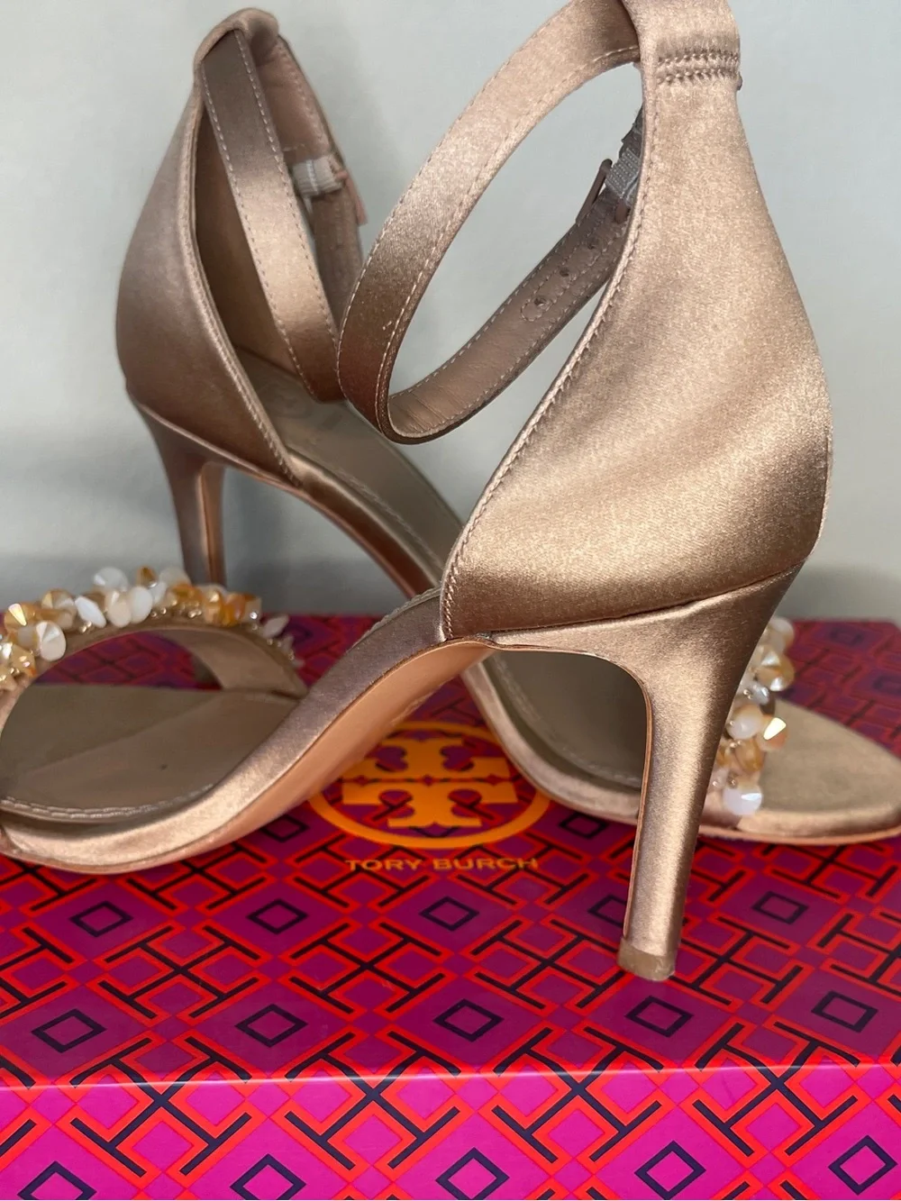 Tory Burch Champagne Gold Jeweled Ankle-Strap Heels